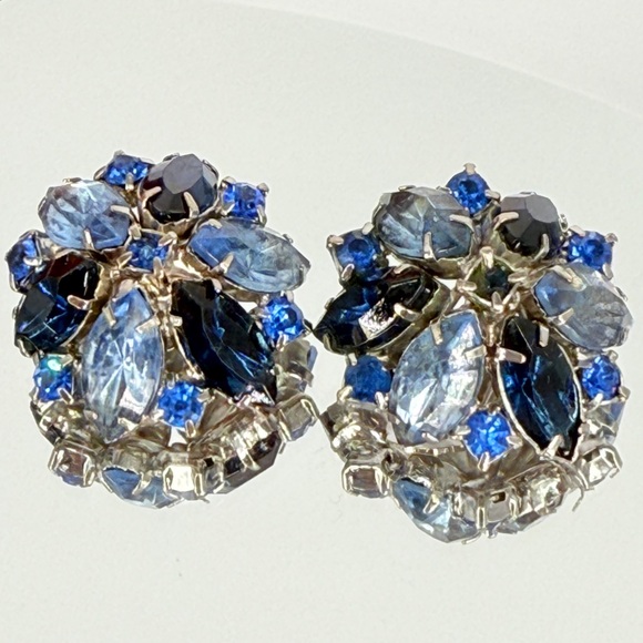 Vintage Royal Blue and Light‎ Blue Rhinestone Clip-On Earrings - Picture 1 of 4